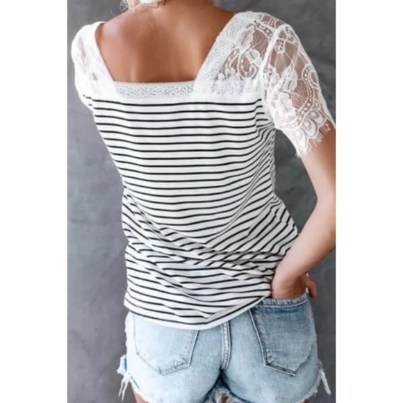 POL White with Black Stripes V Neck Lace Sleeve Rayon Jersey Tee - Picture 10 of 12